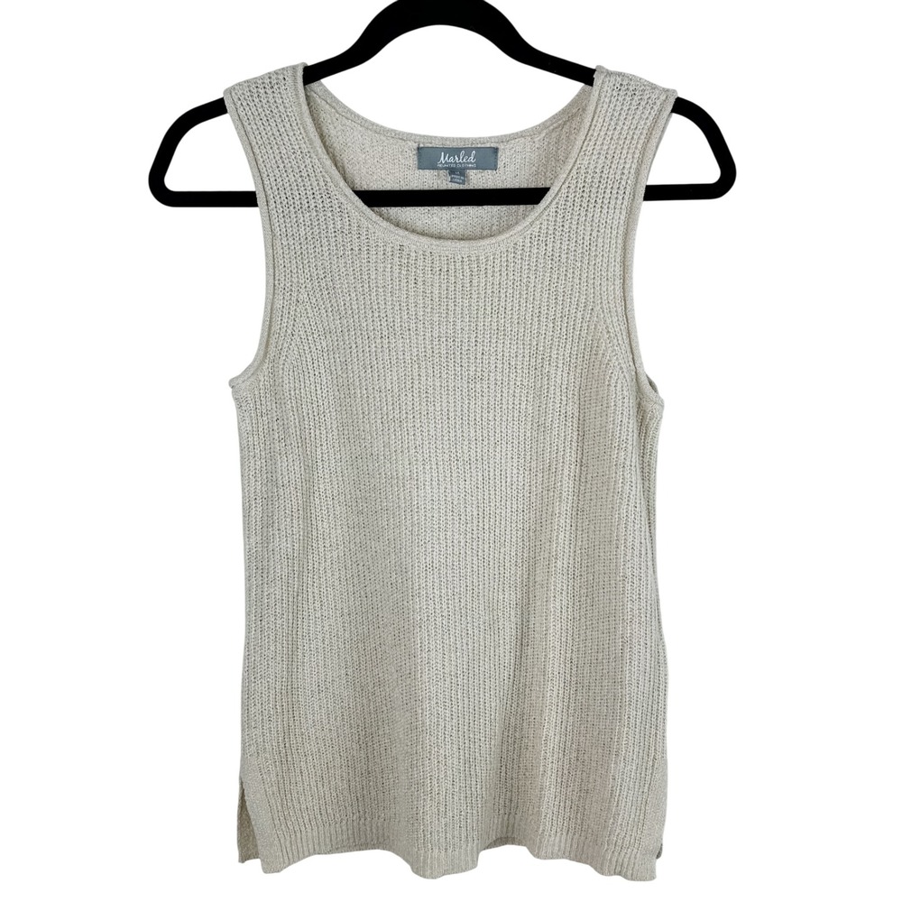Marled Sleeveless Knit Tank Top, Neutral Beige, Side‎ Slits, Casual Knitwear